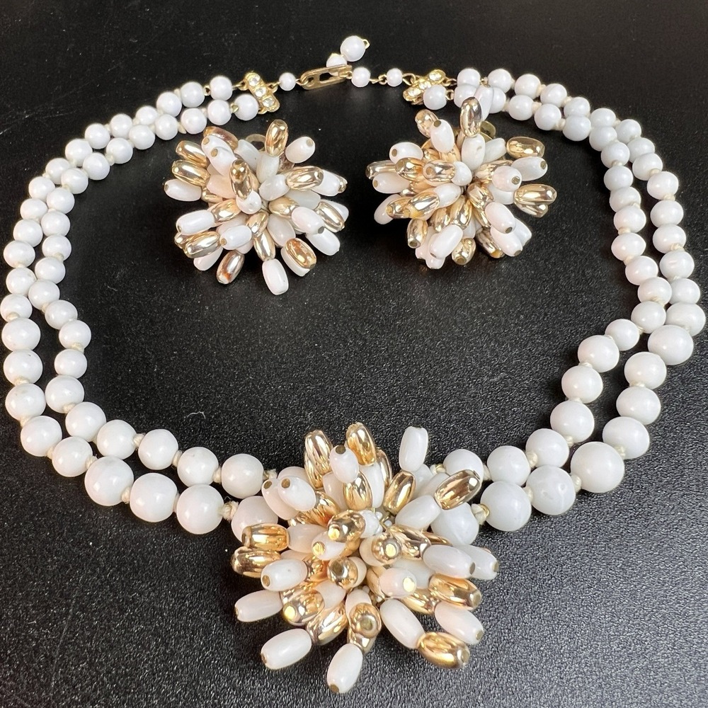 VTG West Germany White & Gold Cluster Bead Necklace & Clip Earrings Set 1950s